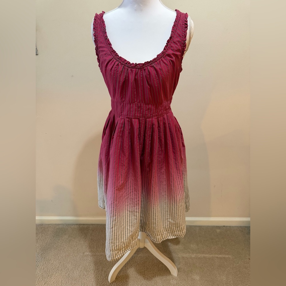 Pink and Gray 100% Cotton Sleeveless Striped Skater Midi Dress with Bow Size M